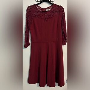 Very Ann Womens Burgundy Lace Top 3/4 Sleeve Fit and Flare Large Dress Polyester